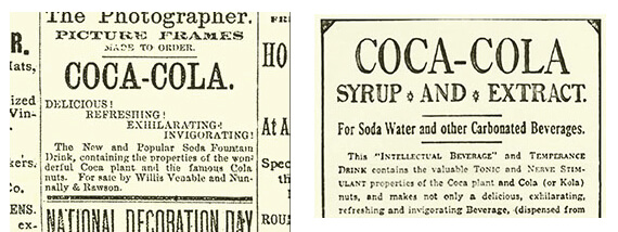 Early 1886 Coka-Cola Soda Fountain beverage Newspaper advertisement using very simple serif font.